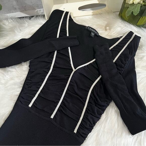 NEW Bebe Ruched Striped Plunge V-Neck Two Tone Fitted Long Sleeve Sweater S NWOT - Picture 9 of 15